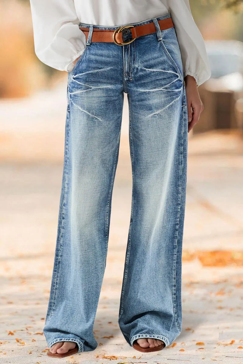 Wash Mid Waist Straight Leg Jeans Without Belt