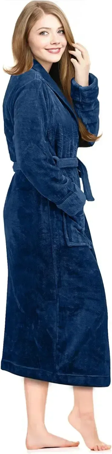 Women Fleece Shawl Collar Bathrobe - Plush Long Robe