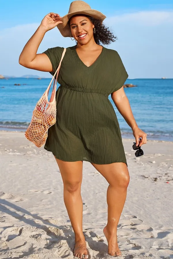 Dark Green V Neck Elastic Waisted Cover Up
