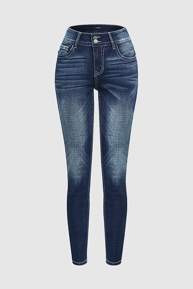Washed Embroidery Pocket Button Up Mid Rise Skinny Jeans