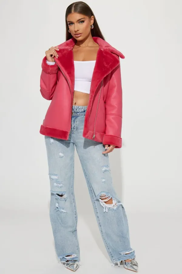 Chic Bad Ass Faux Leather Jacket - Hot Pink