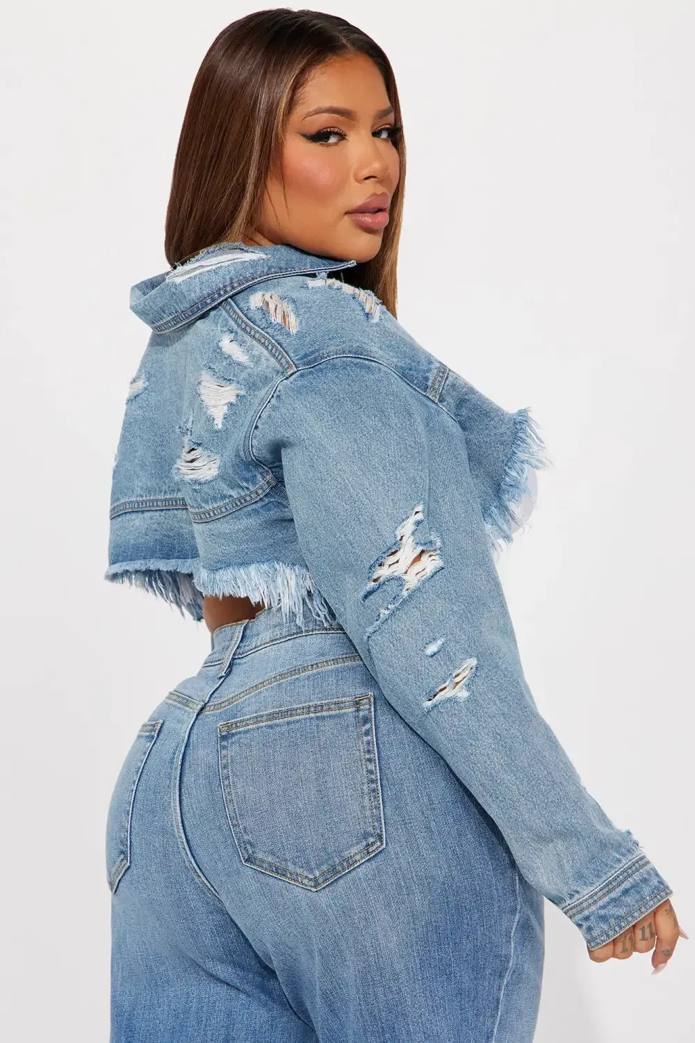 Taking Over Ripped Crop Denim Jacket - Light Wash