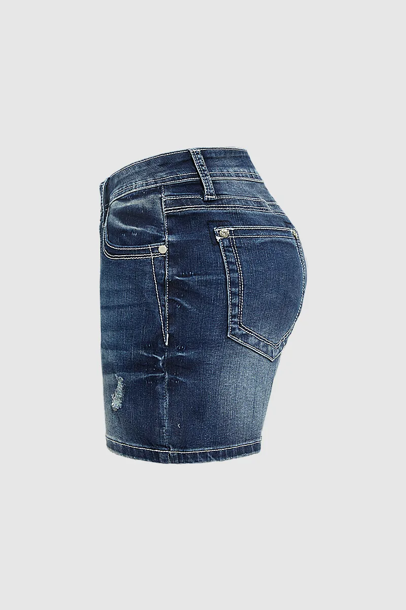 Wash Ripped Roll Hem Mid Rise Denim Shorts