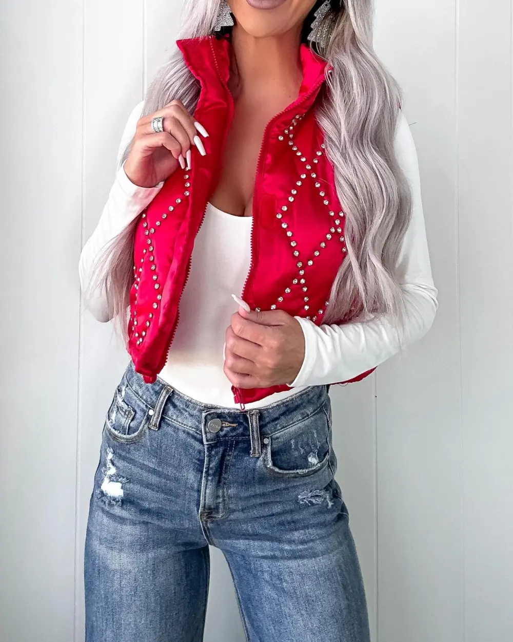 Rhinestone Bomber Vest - Red