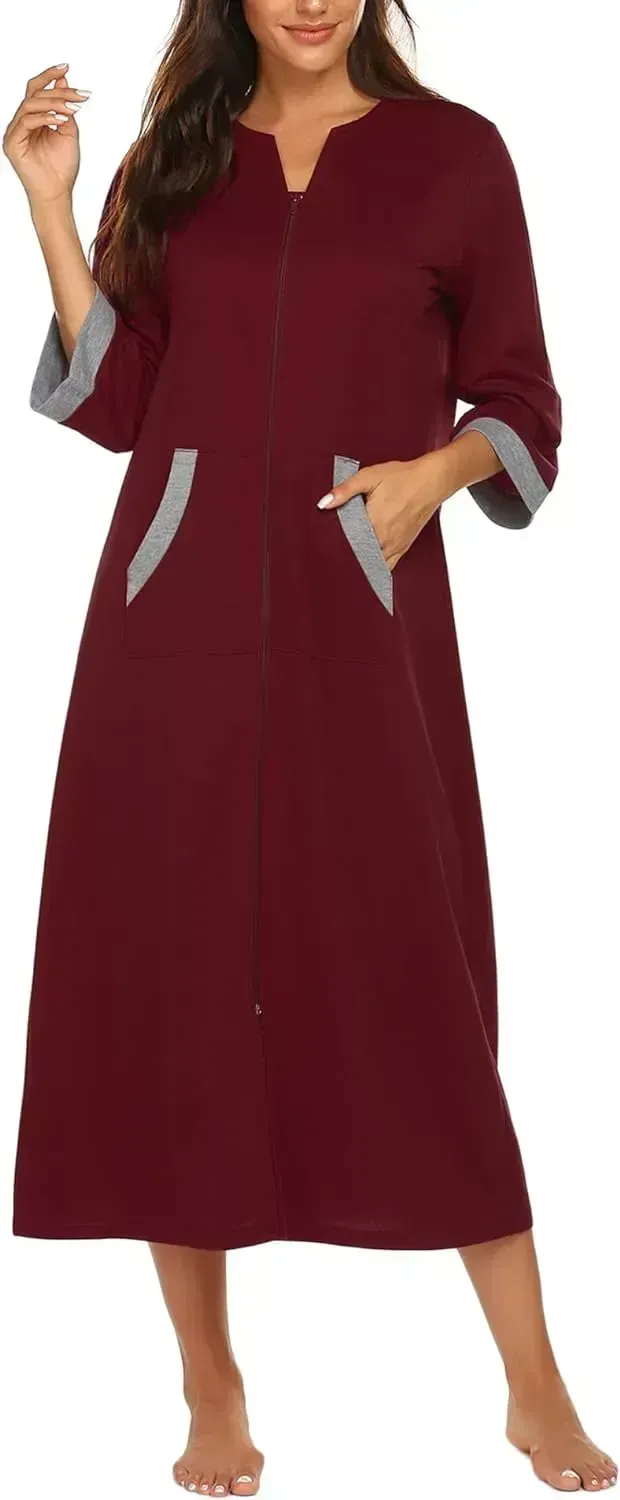 Women Zipper Robe 3/4 Sleeves Loungewear Dress Full Length Sleepwear Pockets Housecoat Nightgown Long Bathrobe