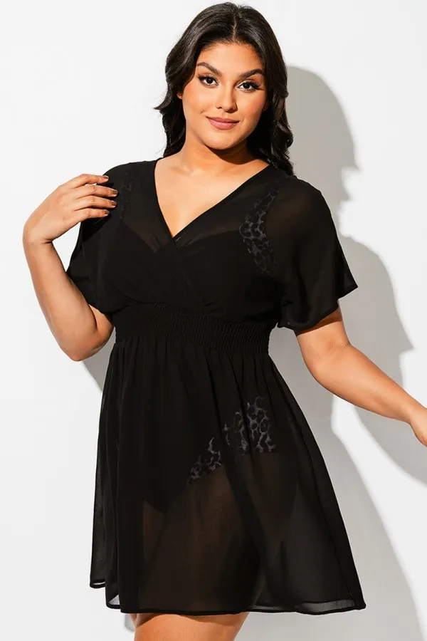 Black Mesh Smocked Waist Cover Up Dress