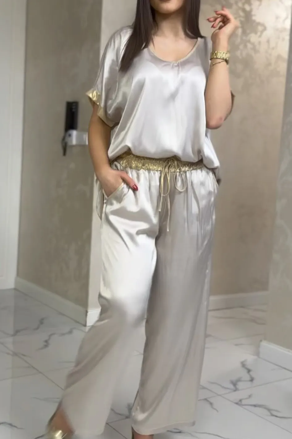 Women'S Contrast Color Stitching Smooth Top And Pants 2-Piece Set