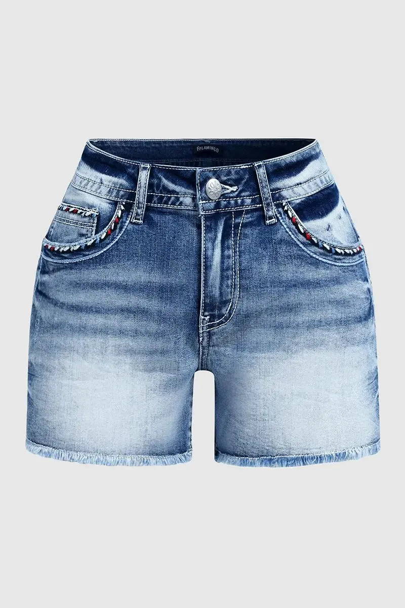 Raw Hem Stitch Detail Mid Rise Denim Shorts