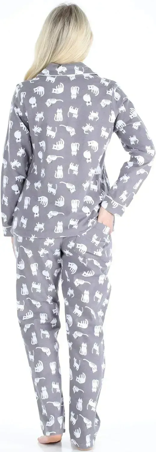 Women's Cotton Flannel Long Sleeve Button-Down Pajamas PJ Set