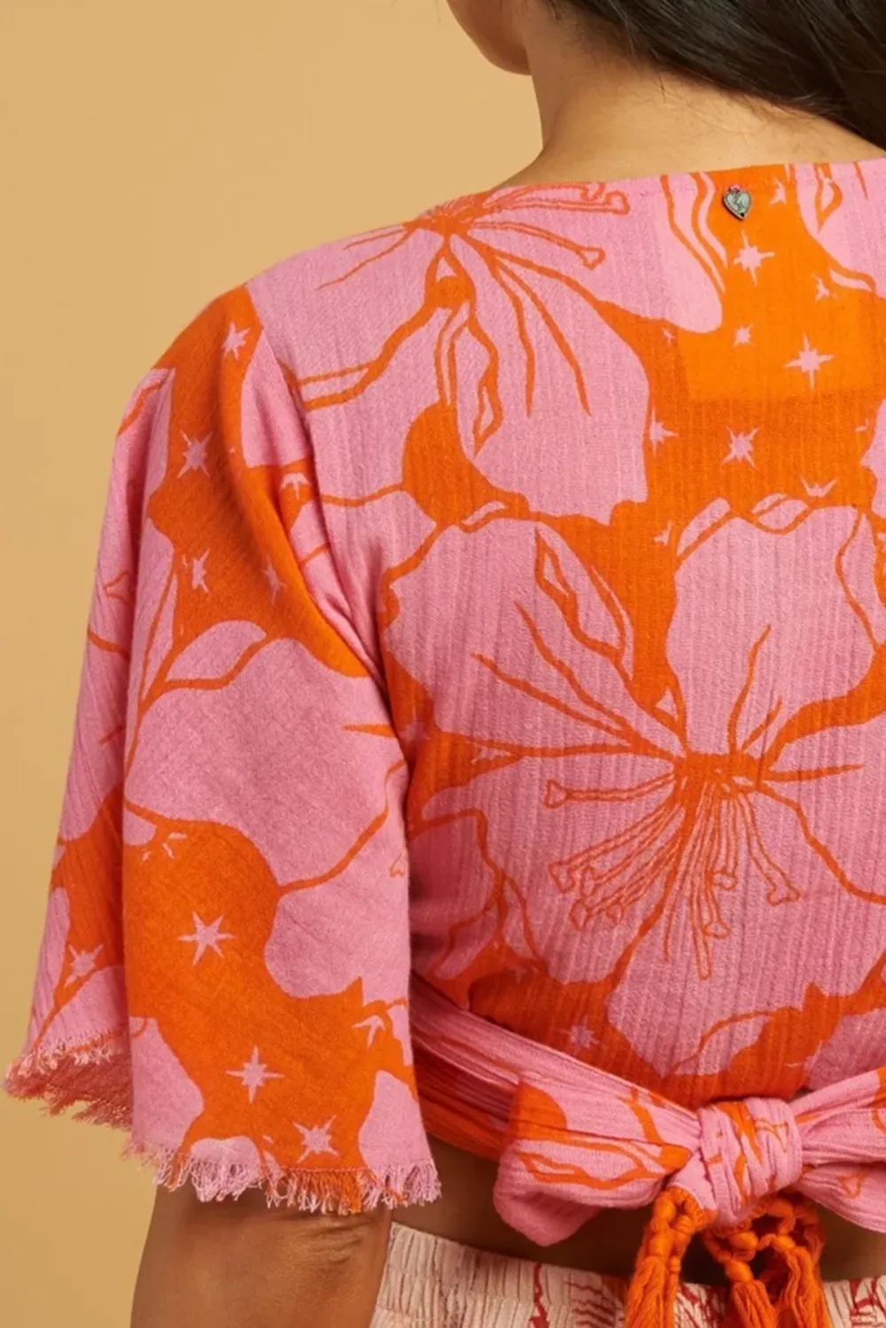Pink And Orange Floral Print Knot Front Crop Top