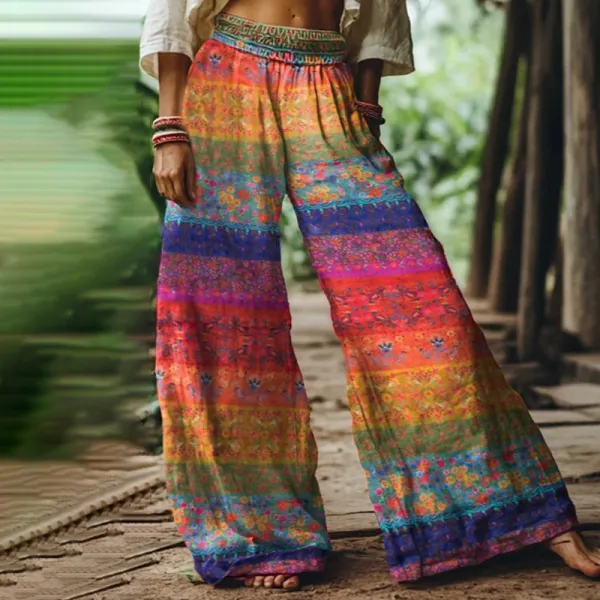 Holiday Rainbow Floral Print Loose Linen Blend Pants