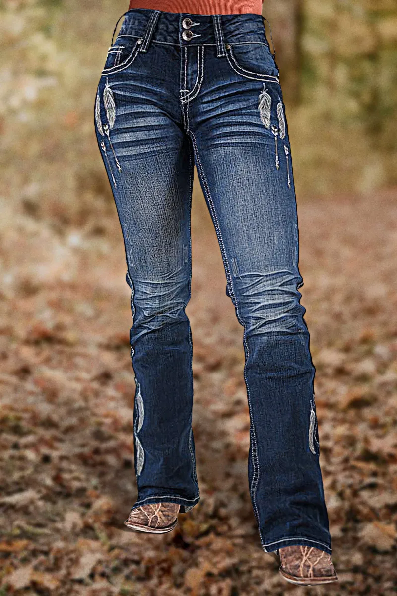 Feather Embroidery Split Hem Mid Waist Bootcut Jeans