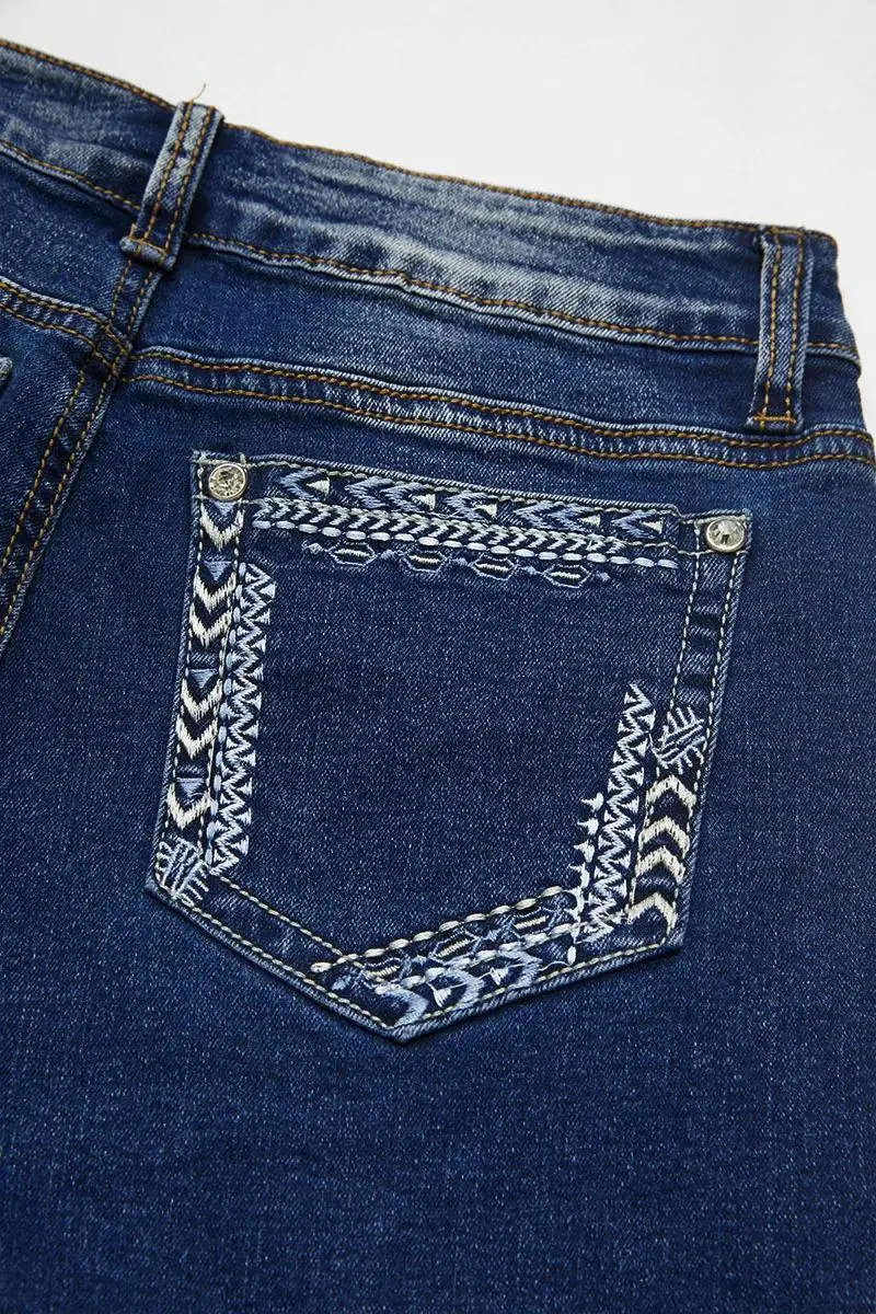 Raw Hem Embroidered Pocket High Waist Denim Mid Thigh Shorts