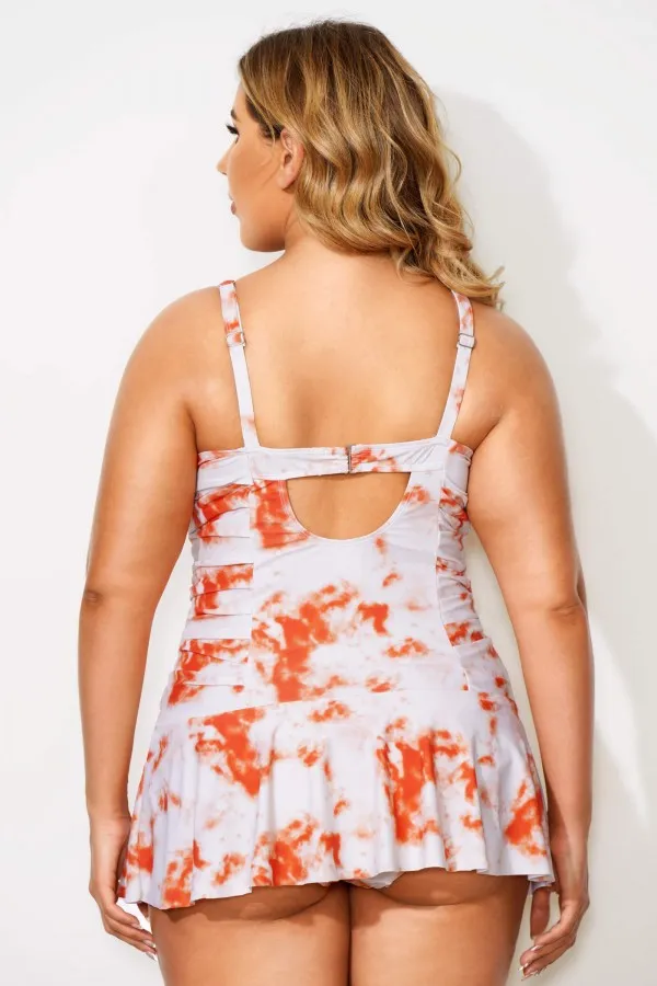 Tie-Dye Shirred V-Neck Elegant Lady Swimdress