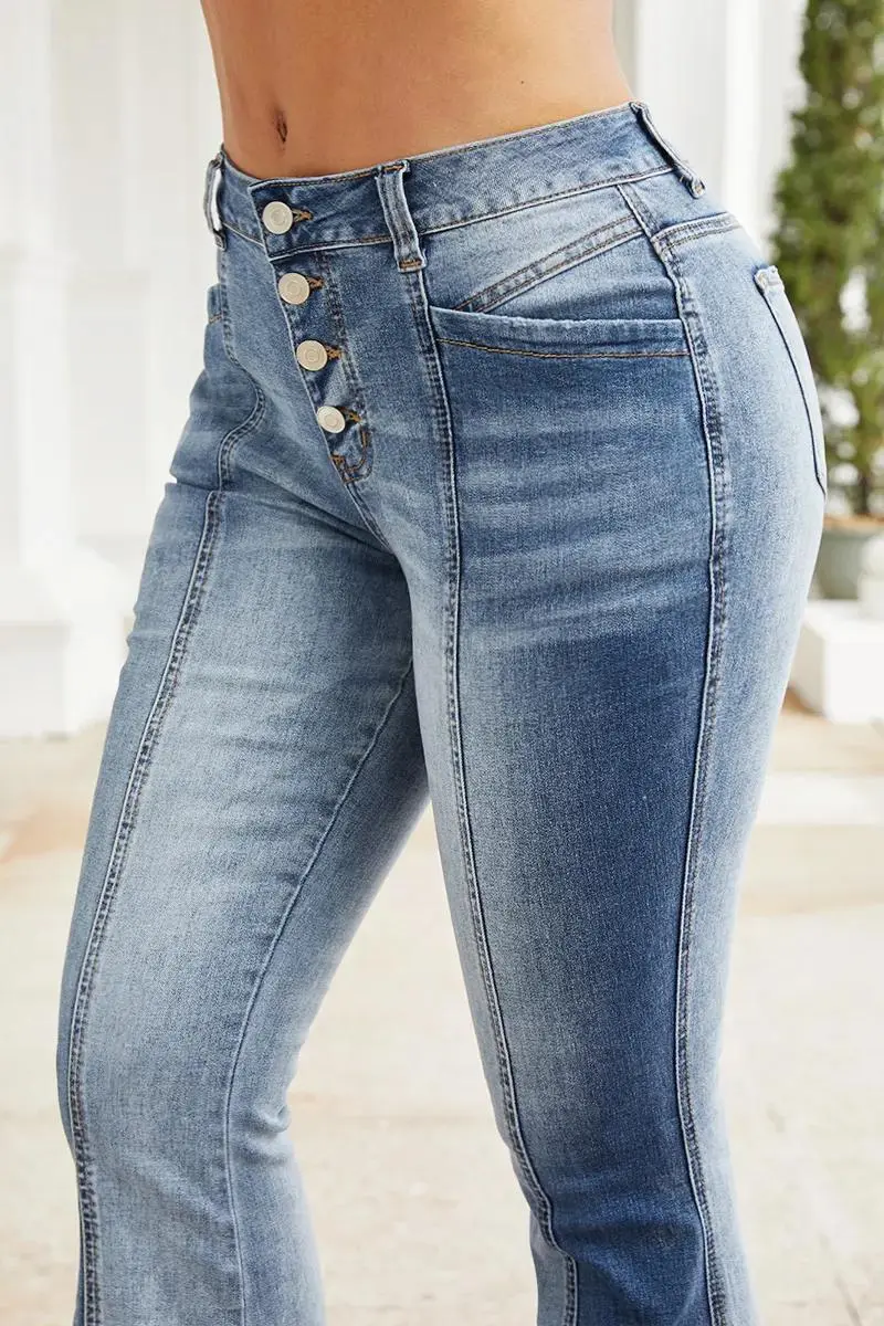 Cut & Sew Button Fly Mid Waist Flare Jeans