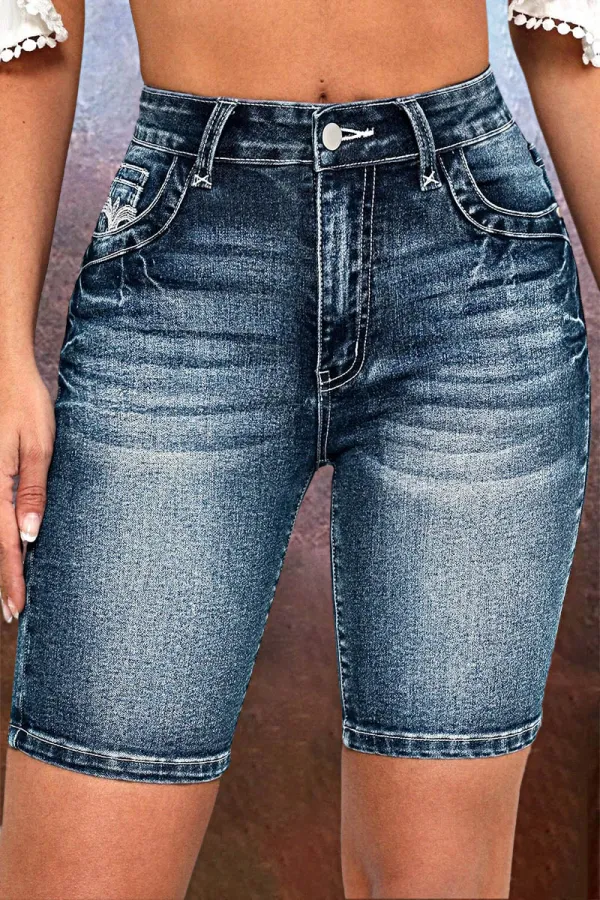 Embroidery Flap Pocket High Rise Denim Mid Thigh Shorts