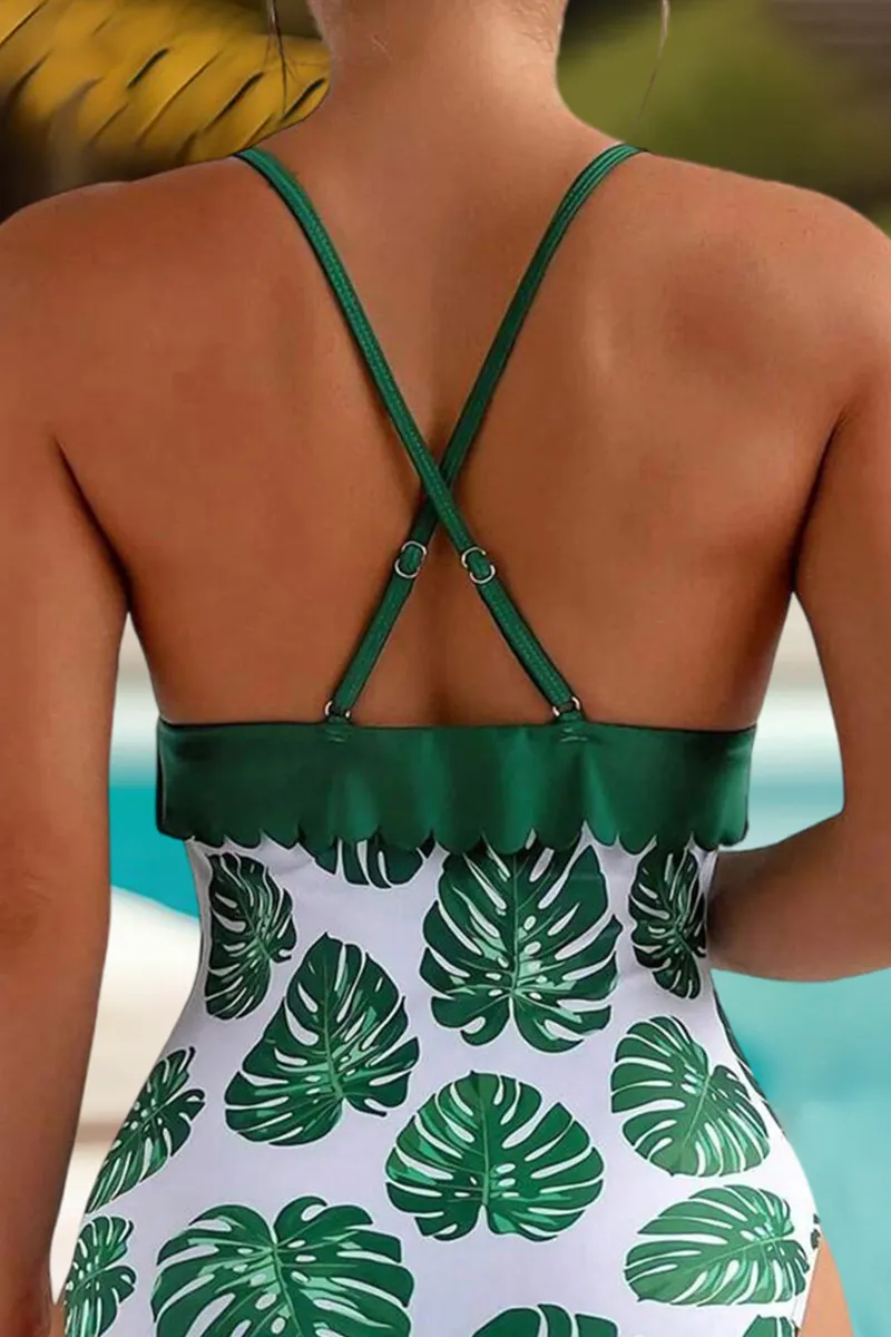 Leaf Print Scallop Trim Criss Cross One Piece Swimsuit