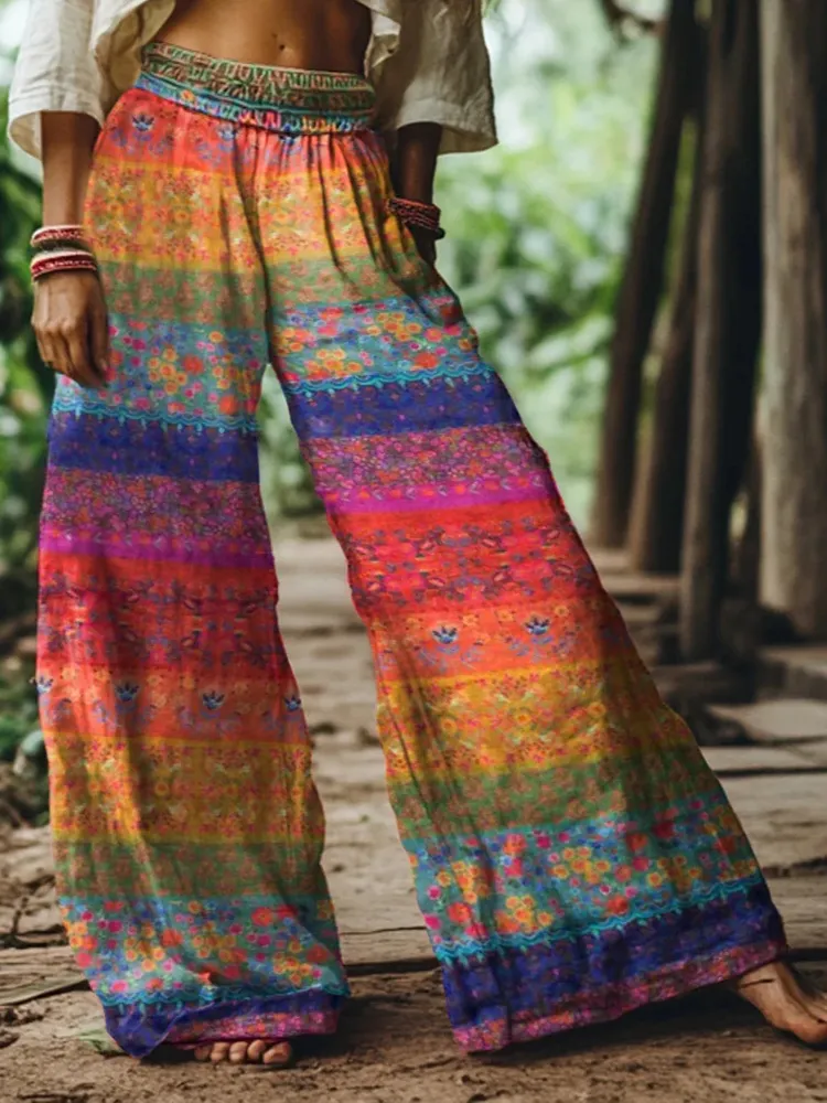 Holiday Rainbow Floral Print Loose Linen Blend Pants