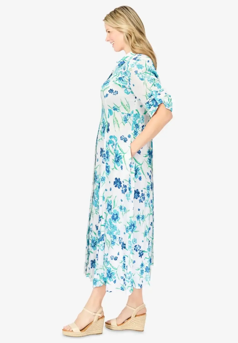 Roll-Tab Sleeve Crinkle Shirtdress