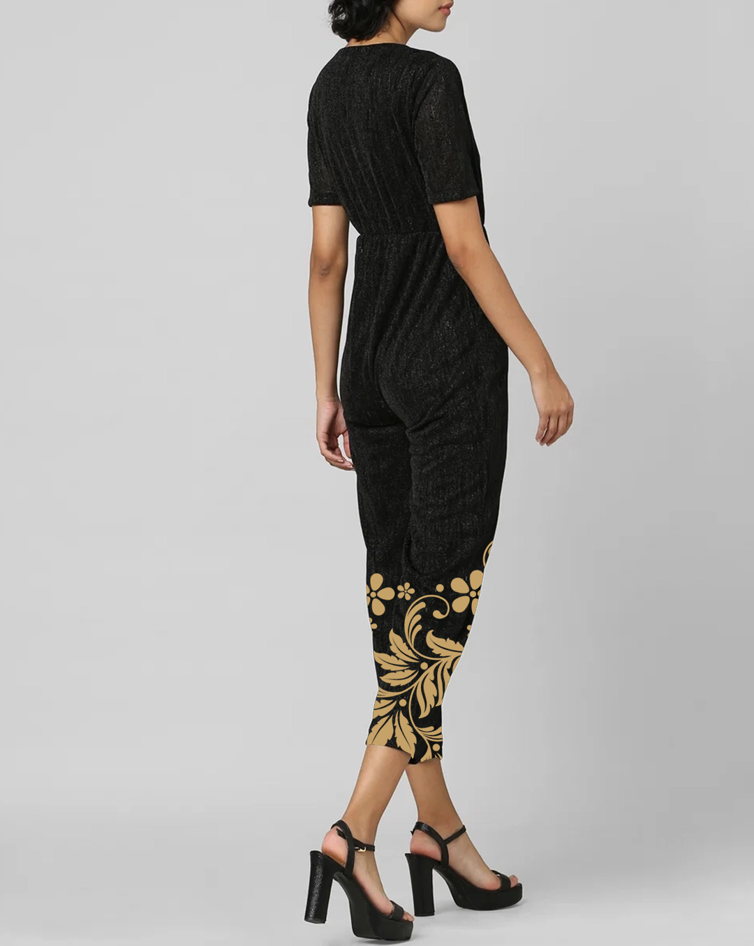 Black V Neck Floral Embroidery Jumpsuit