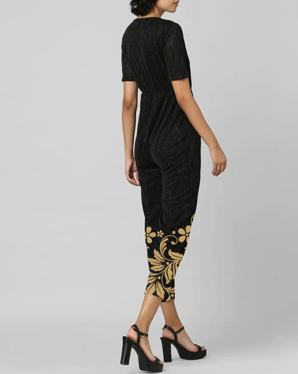 Black V Neck Floral Embroidery Jumpsuit