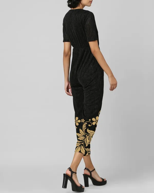 Black V Neck Floral Embroidery Jumpsuit