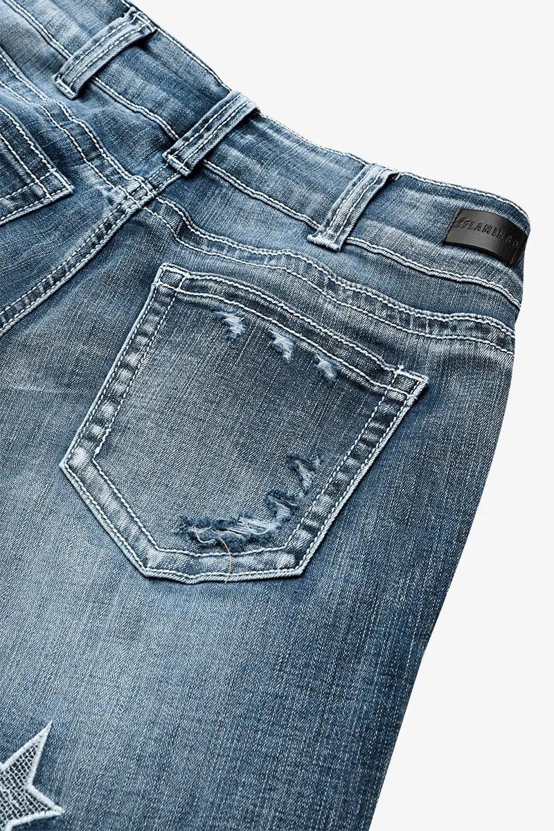 Star & Moon Pattern Double Button Mid Rise Flare Jeans