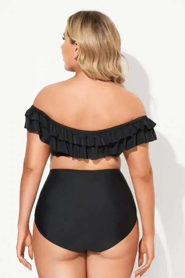 Plain Black Off-the-Shoulder Bikini Set with Ruffle