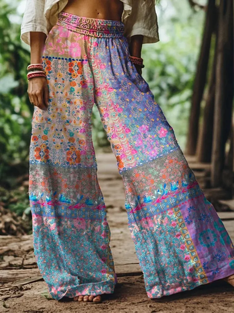 Vintage Floral Pattern Women's Linen Blend Casual Pants