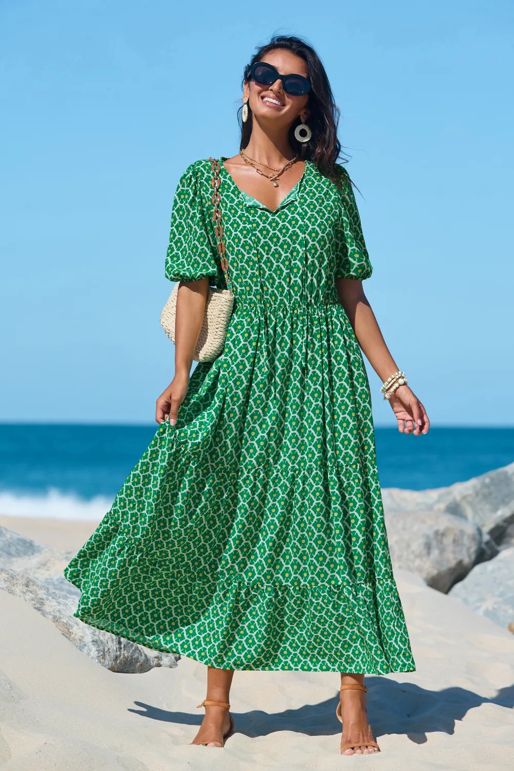 Boho Floral Notched Neck Puff Sleeve Midi Dress