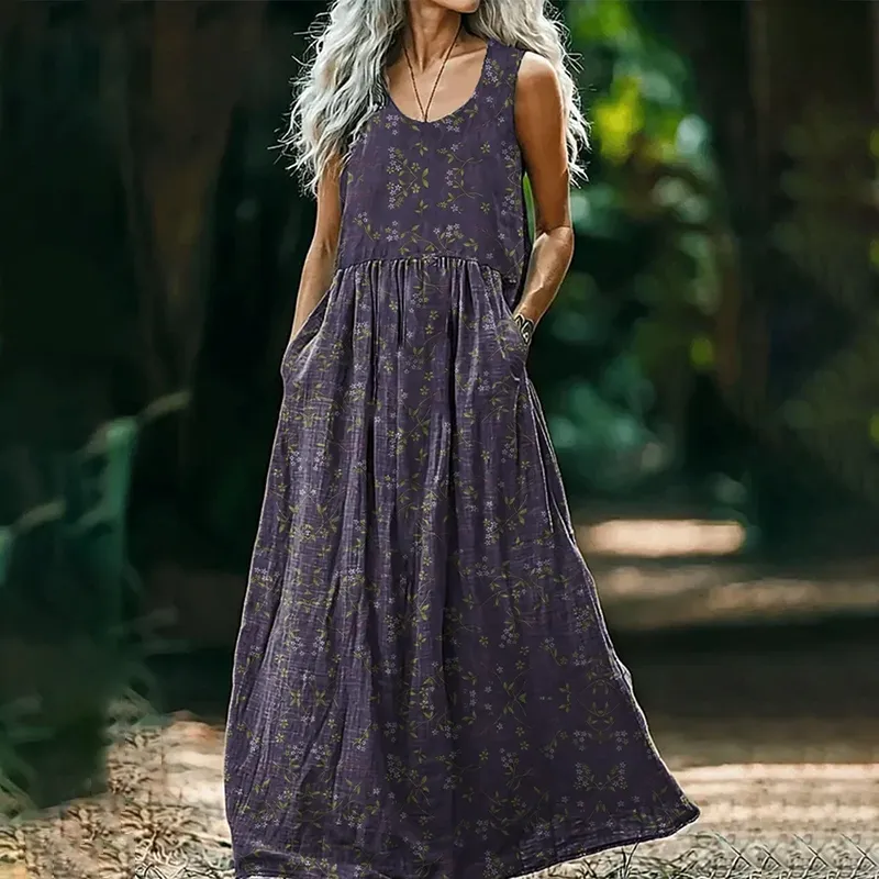 Women's Retro Floral Art Sleeveless Linen V-neck Maxi Dress