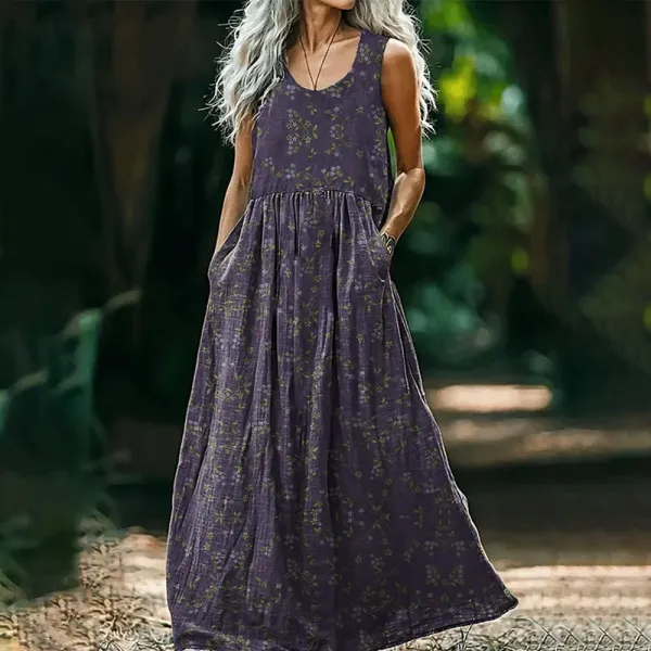 Women's Retro Floral Art Sleeveless Linen V-neck Maxi Dress