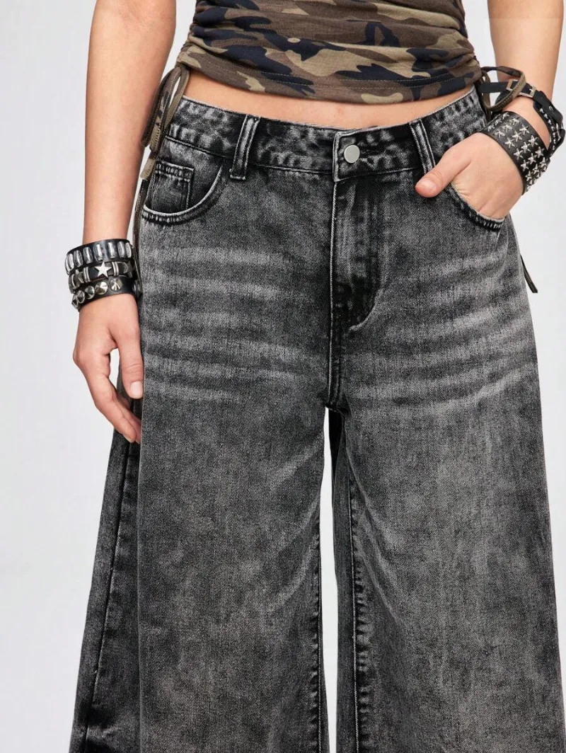 Grunge Punk Grunge Style Vintage Snow Washed Wide Leg Jeans For Women, Streetwear