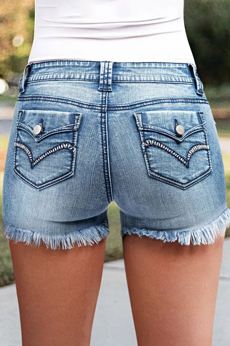 Raw Hem Stitch Detail Mid Waist Denim Shorts