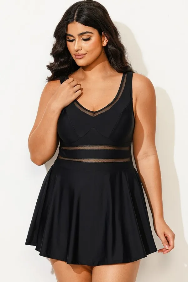 Black V-neck Wide Strap Crochet Detail Swimdress