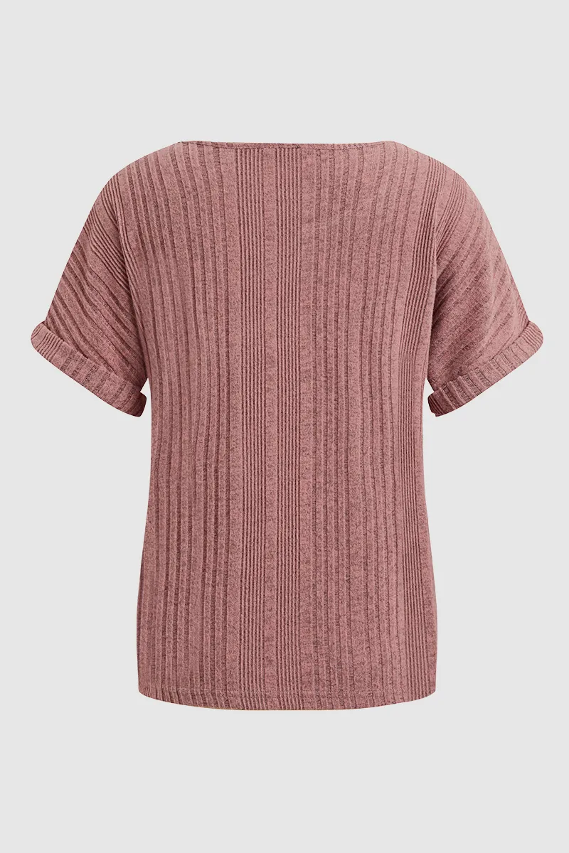 Solid Rib-Knit Decorative Button Short Dolman Sleeve T-Shirt