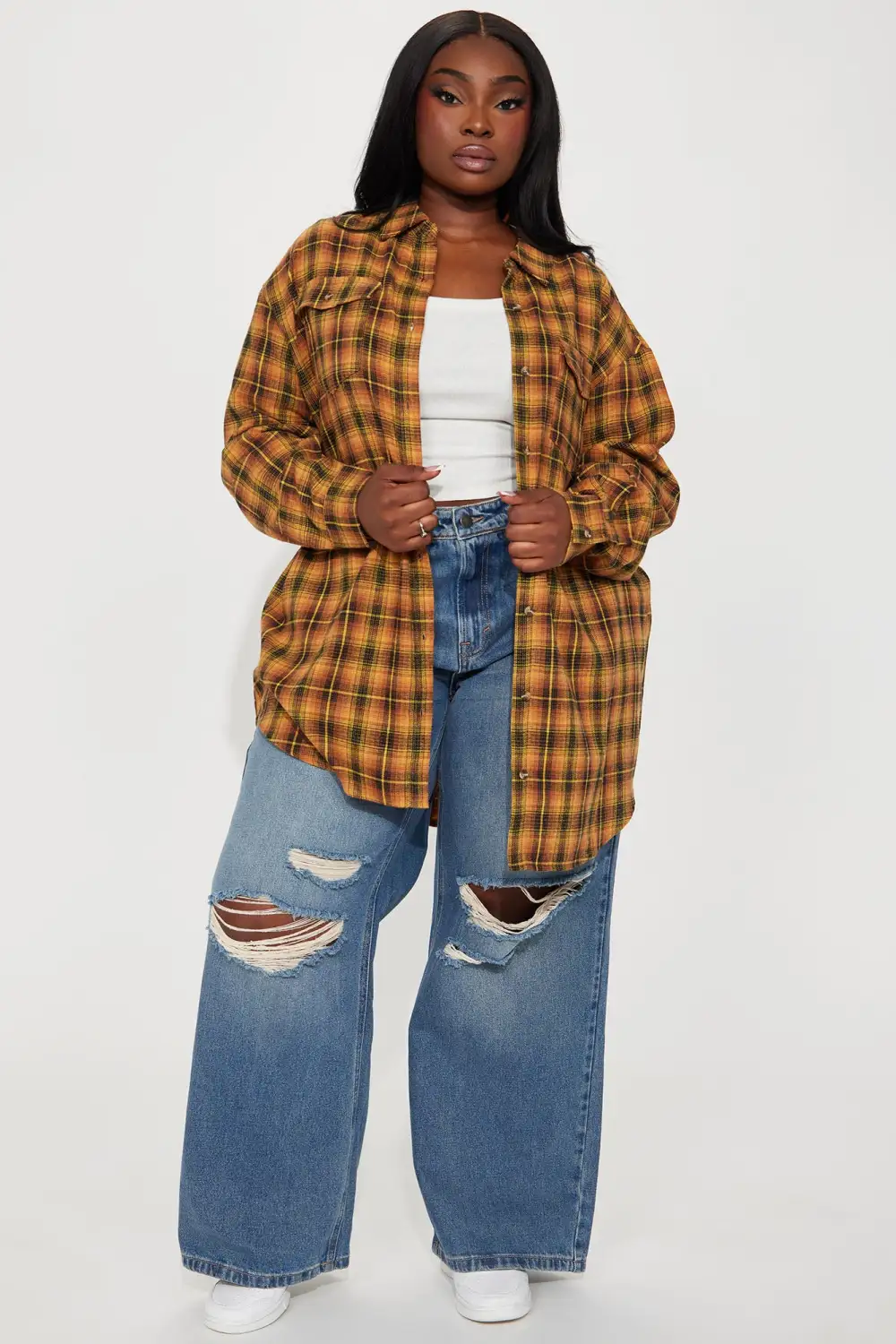 Pretty in Plaid Oversized Flannel Top - Mustard/combo