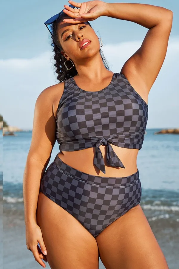 Black Grey Check Knotted Crop Bikini Top
