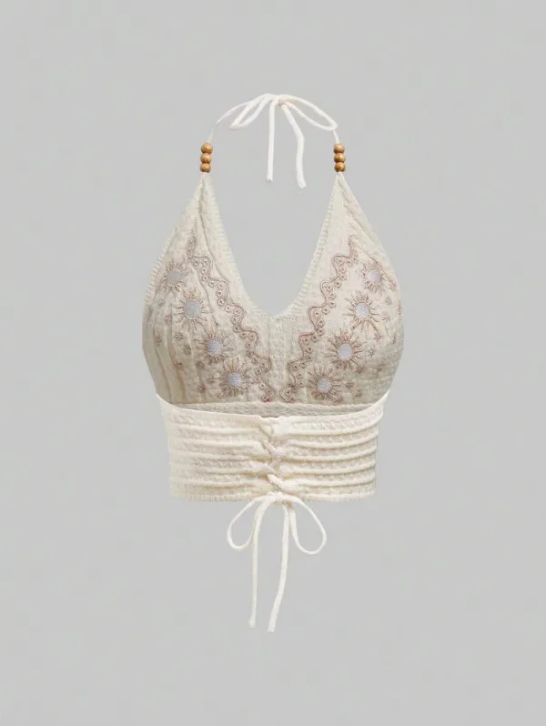 Hippie Summer Embroidered Cross Strap Backless Halter Crochet Knit Top