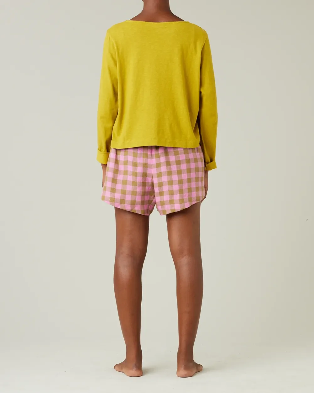 SHORTS PINK & OLIVE CHECK LINEN