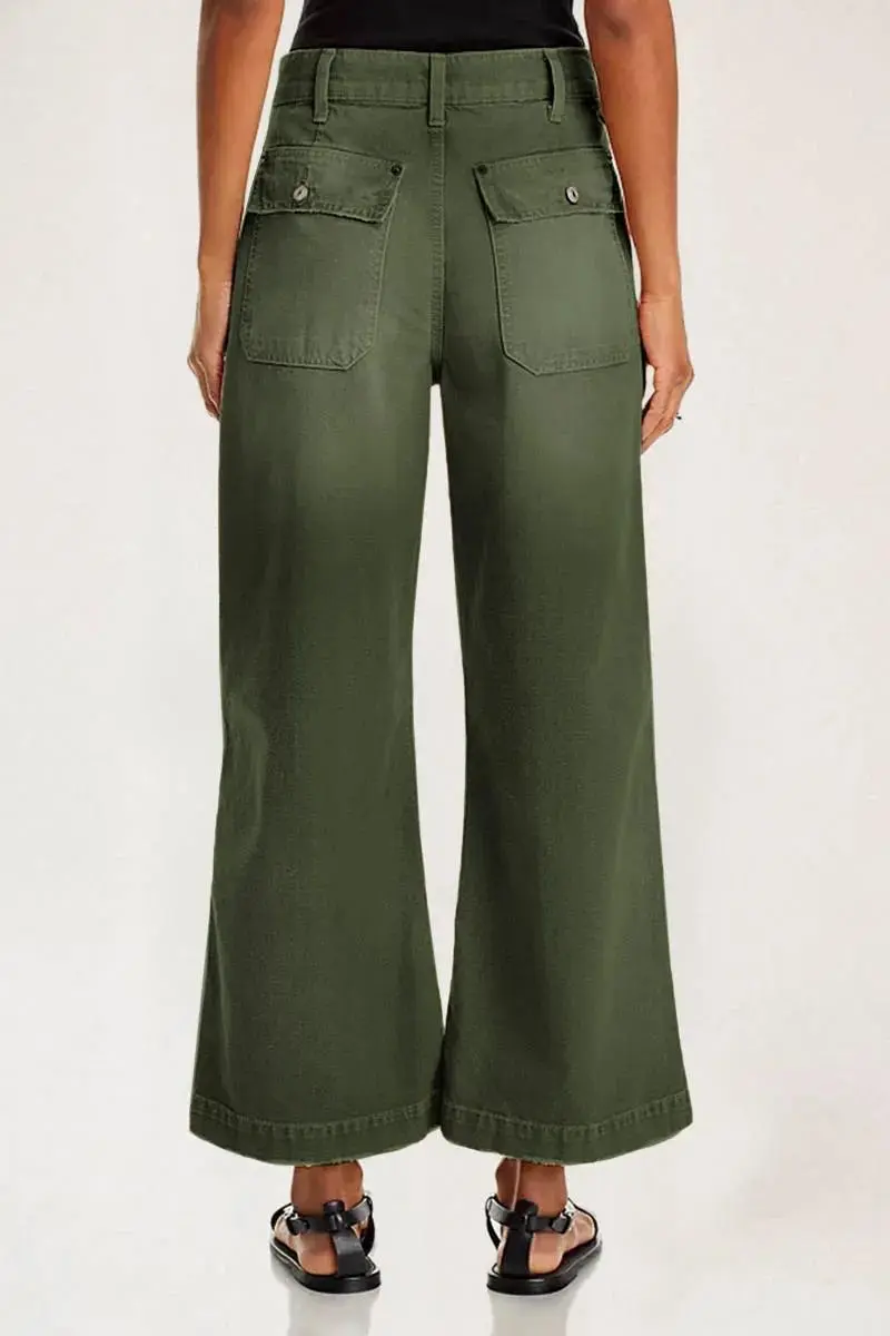 Flap Pocket Back Mid Waist Crop Pants Without Belt
