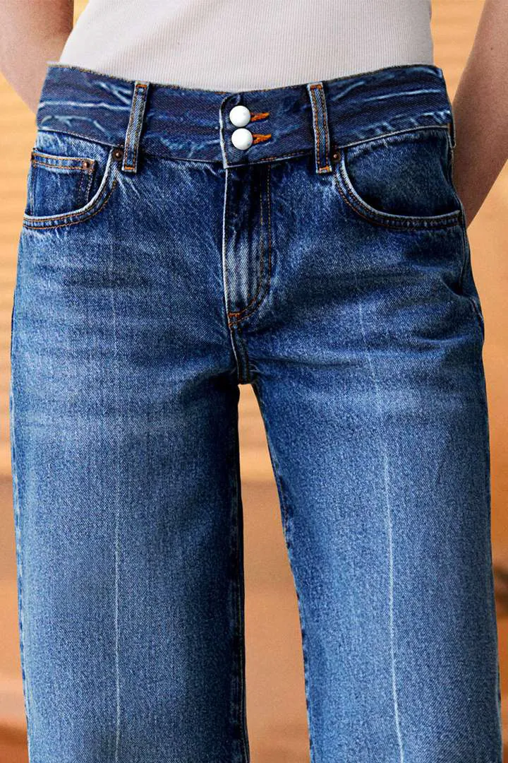 Double Button Wash Mid Waist Straight Leg Jeans