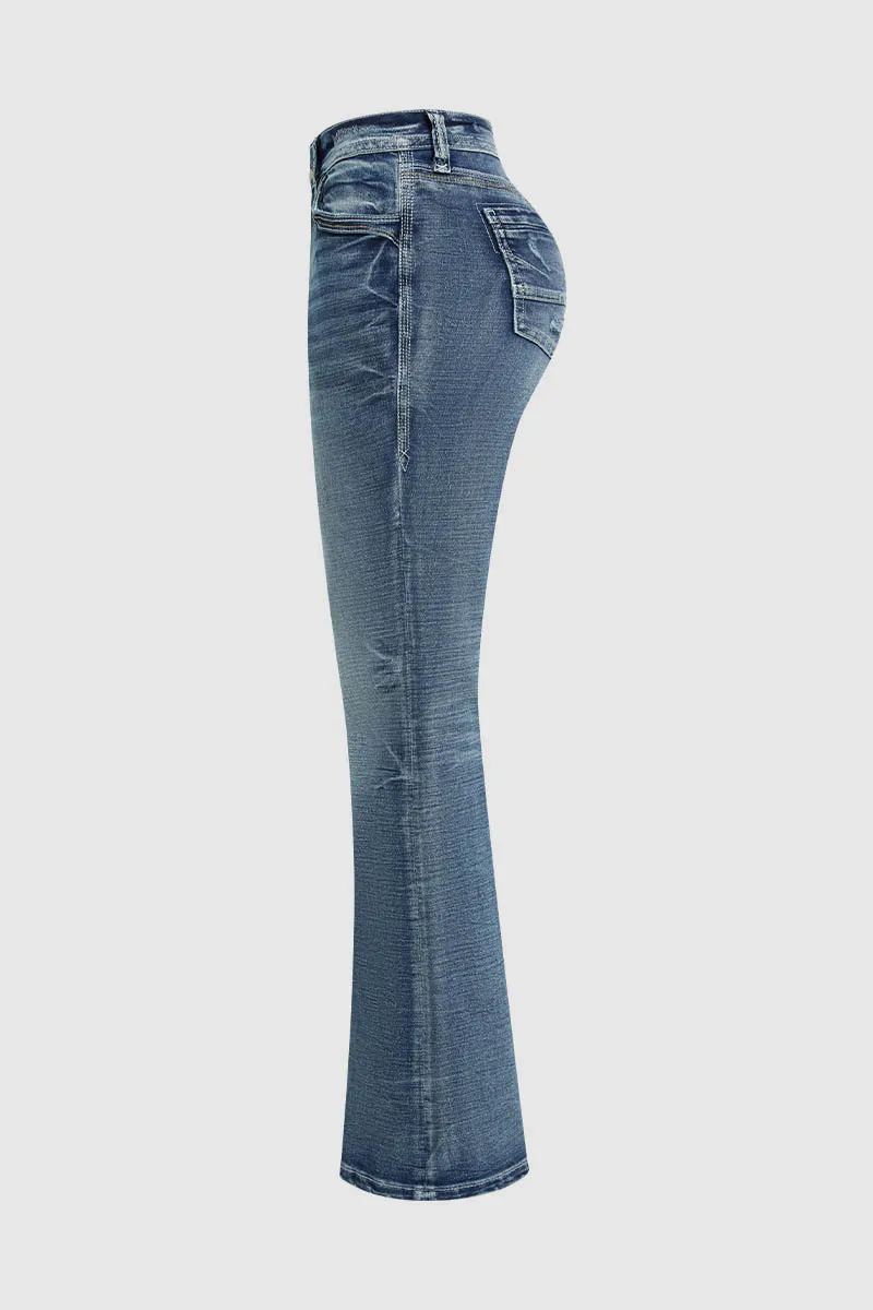 Wash Stretchy Ripped Detail Mid Waist Flare Jeans
