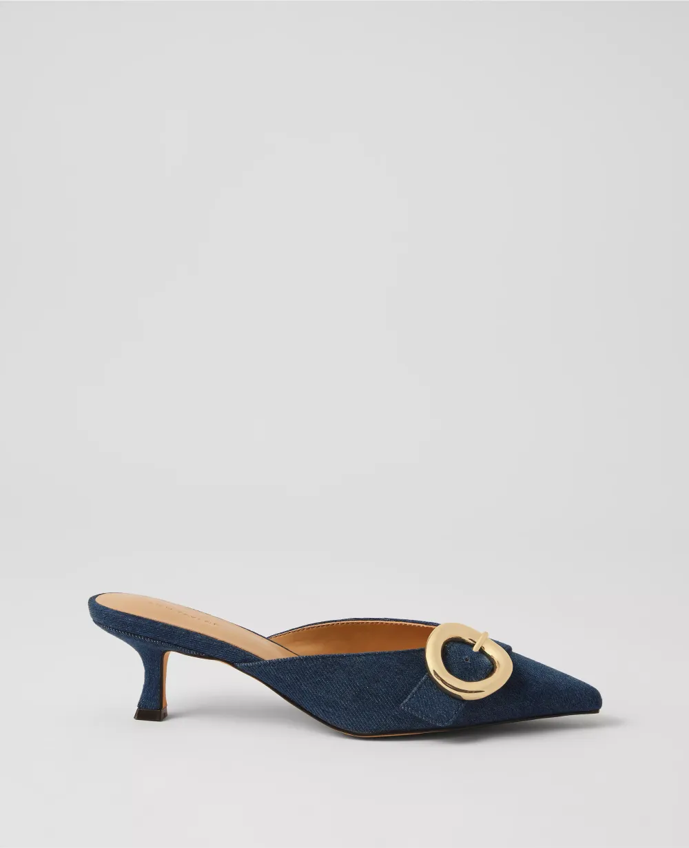 Buckle Nip Toe Denim Kitten Heels