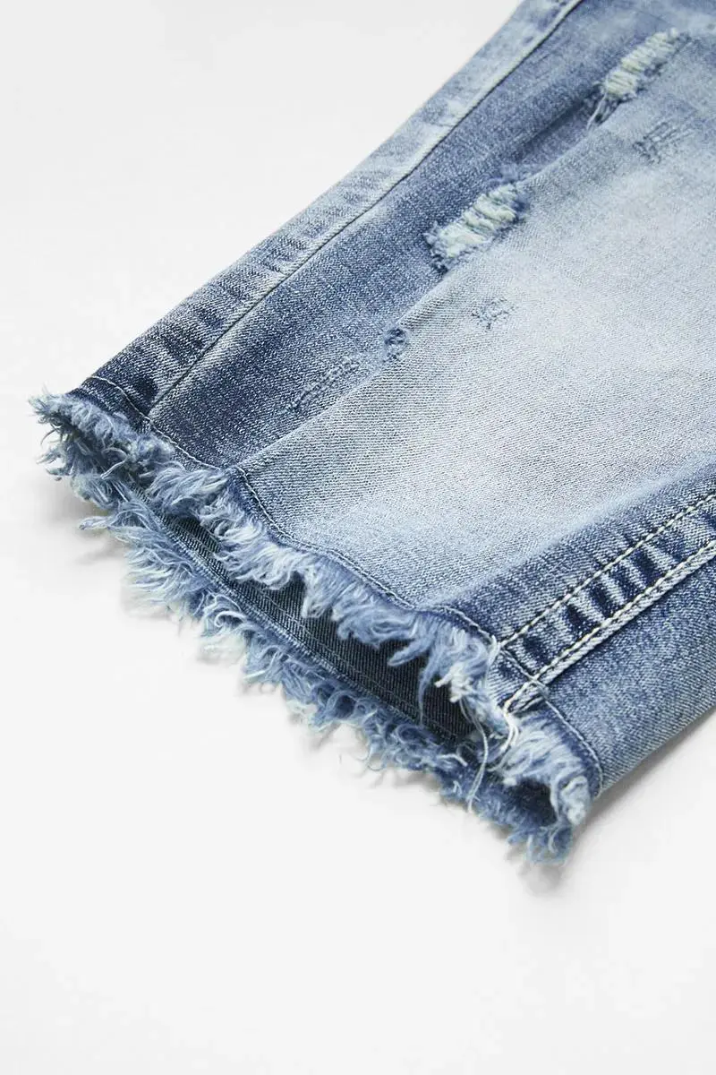 Ripped Raw Hem Mid Waist Denim Mid Thigh Shorts