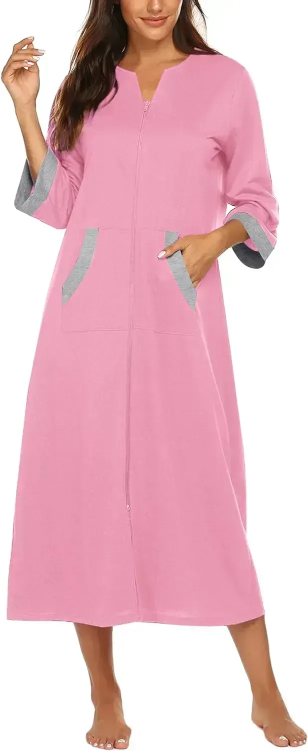 Women Zipper Robe 3/4 Sleeves Loungewear Dress Full Length Sleepwear Pockets Housecoat Nightgown Long Bathrobe
