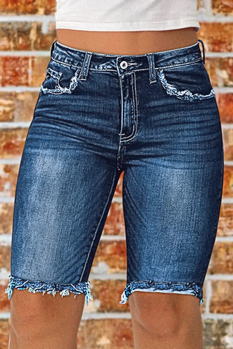 Raw Hem Wash High Waist Skinny Denim Bermuda Shorts