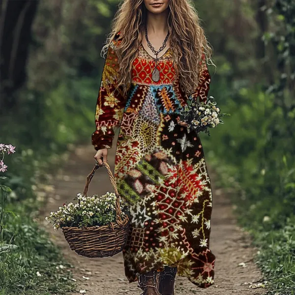 Vintage Floral Patchwork Embroidery Art Women's Maxi Dress
