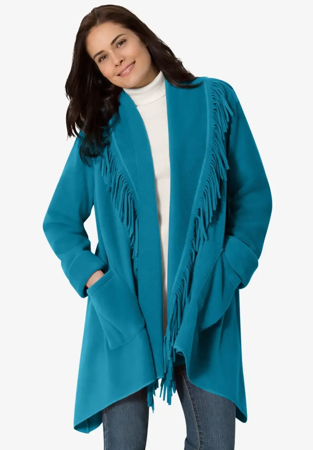 Fringed Shawl Collar Fleece Jacket