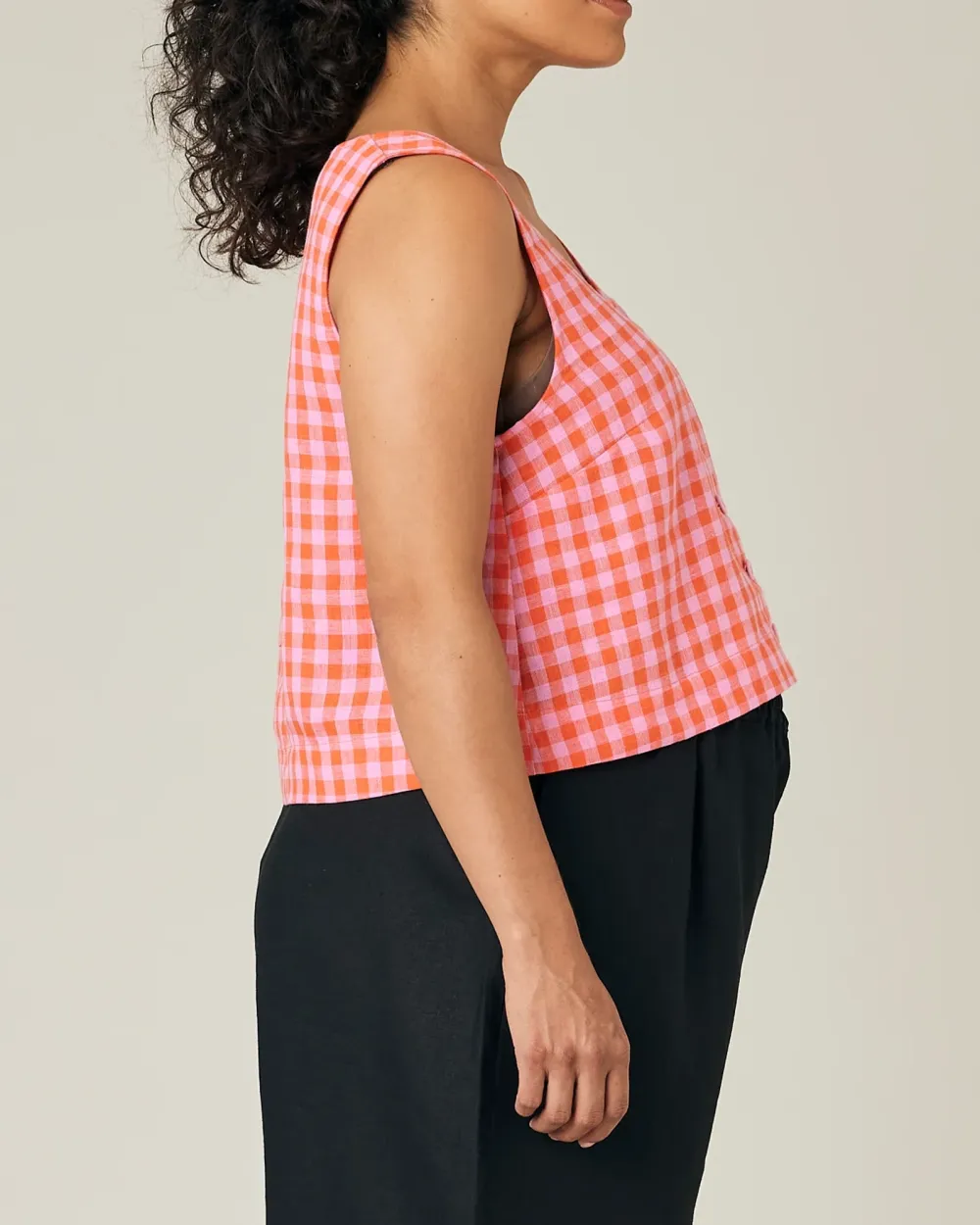 TOMATO & PINK CHECK LINEN TOP